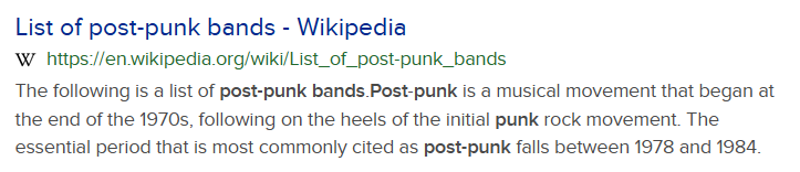搜索引擎展示了 List of post-punk bands 的 Wiki 条目,其中 post-punk bands, Post-punk 等词被高亮显示出来了