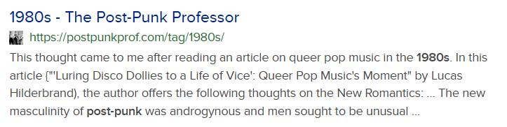搜索引擎展示了一个 postpunkprof.com 的页面,其中的 1980s, post-punk 等关键词分散地分布在网页中
