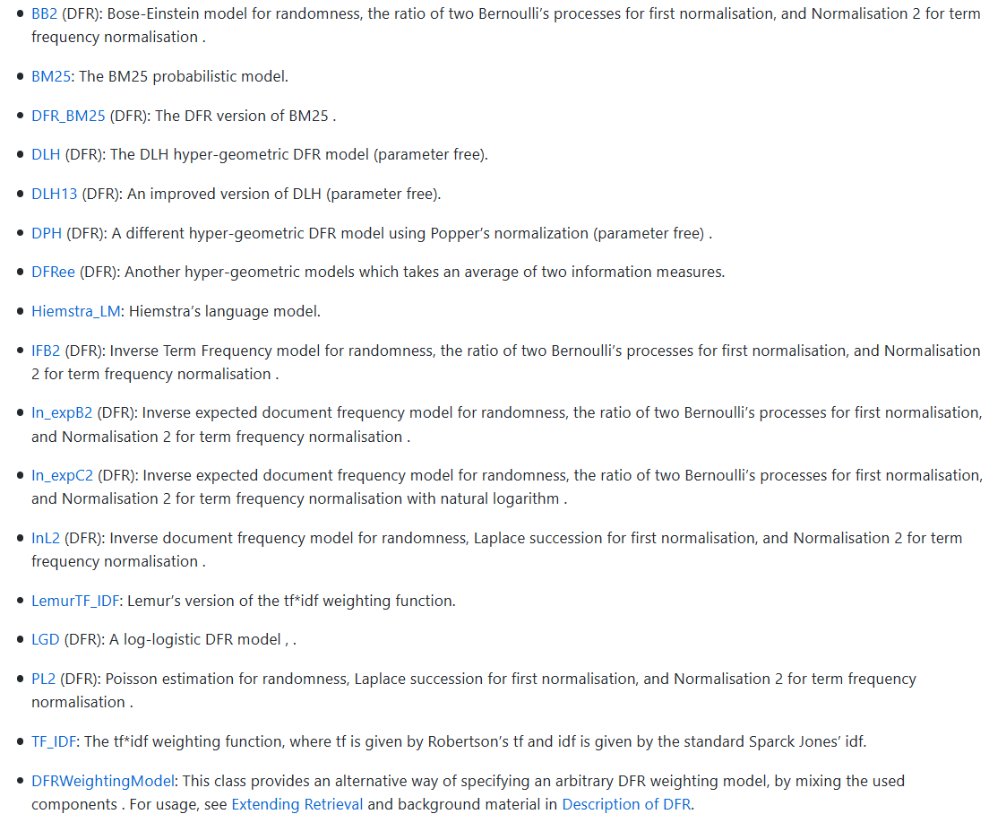 一列算法的清单,包括 BB2, BM25, DFR_BM25, DLH, DLH13 等
