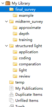 Zotero 显示 collections 的界面，可以看到，它支持对文献多个层级的管理，同时也有 My publications, Duplicated Items, Unified Items 等特殊的 collections