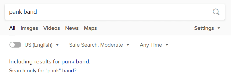 当搜索 pank band 时，搜索引擎会提示「你是否要找的是 punk band」