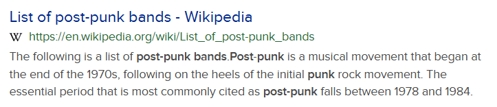 搜索引擎展示了 List of post-punk bands 的 Wiki 条目，其中 post-punk bands, Post-punk 等词被高亮显示出来了