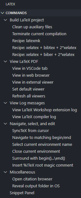 VSCode 的 LaTeX 菜单，包括编译、预览、日志、导航等选项